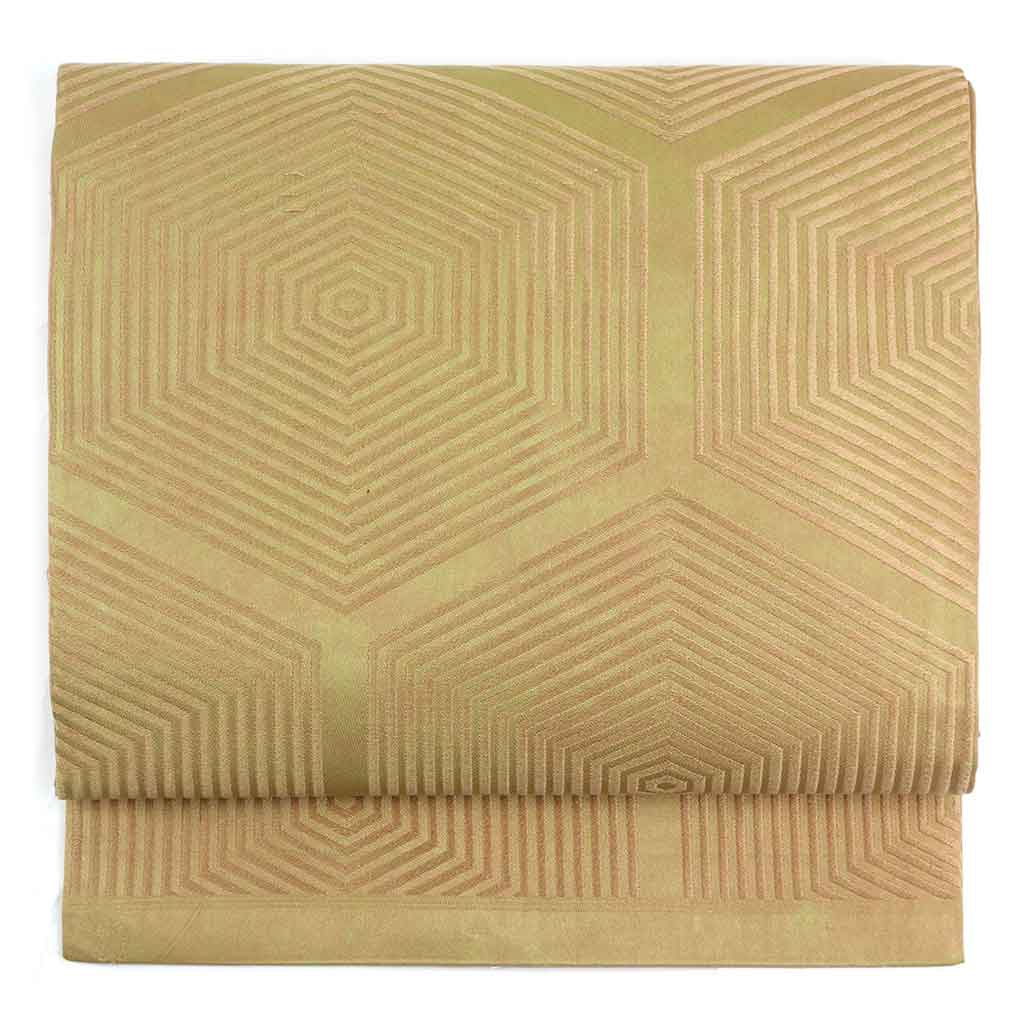 名古屋帯 リサイクル帯 幅30cm 長さ351cm レディース 亀甲 秋冬春用 正絹（シルク）ブラウン やや難 川島織物 リメイク リユース【ランクB】