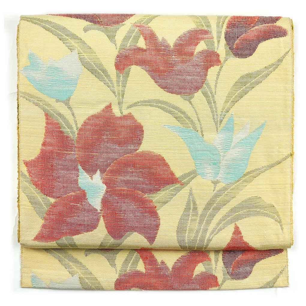 名古屋帯 リサイクル帯 幅31cm 長さ342cm レディース 花柄 秋冬春用 正絹（シルク）イエロー 美品 リメイク リユース【ランクA】