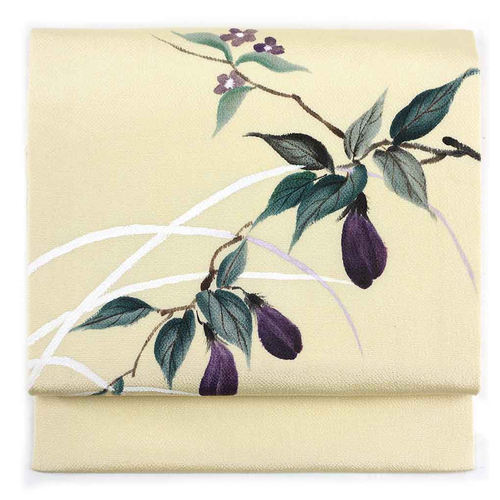 名古屋帯 リサイクル帯 幅31cm 長さ374cm レディース 茄子 秋冬春用 正絹（シルク）ホワイト 美品 リメイク リユース【ランクA】