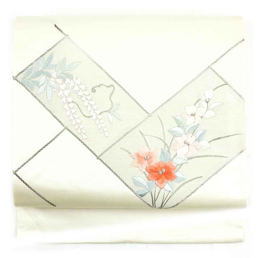 名古屋帯 リサイクル帯 幅30cm 長さ350cm レディース 花柄 秋冬春用 正絹（シルク）ホワイト 美品 リメイク リユース【ランクA】