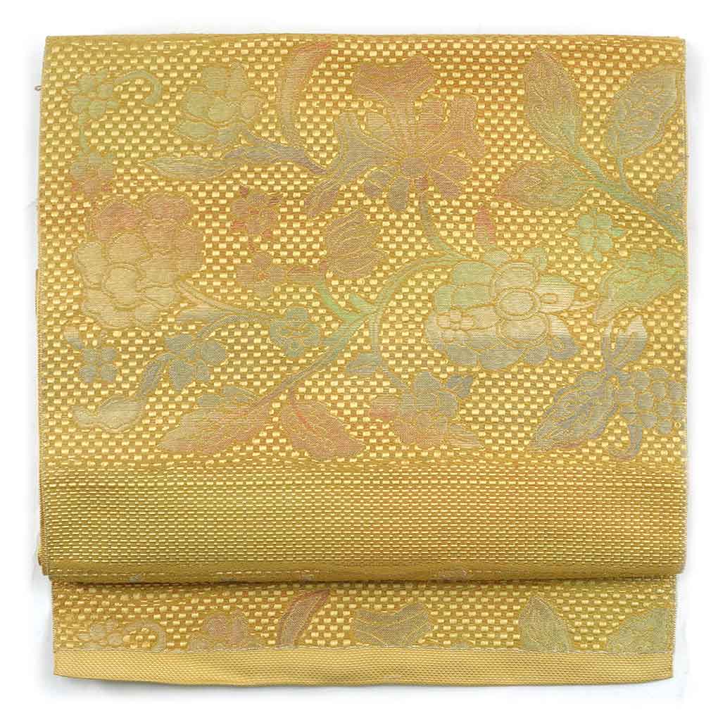 名古屋帯 リサイクル帯 幅30cm 長さ346cm レディース 花柄 秋冬春用 正絹（シルク）イエロー 美品 リメイク リユース【ランクA】