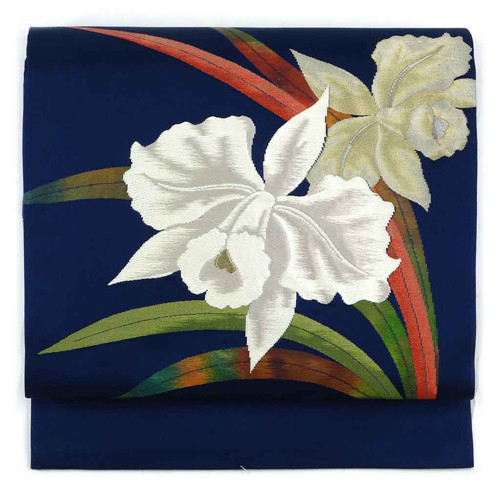 名古屋帯 リサイクル帯 幅30cm 長さ355cm レディース 花柄 秋冬春用 正絹（シルク）ネイビー 未使用品 リメイク リユース【ランクS】