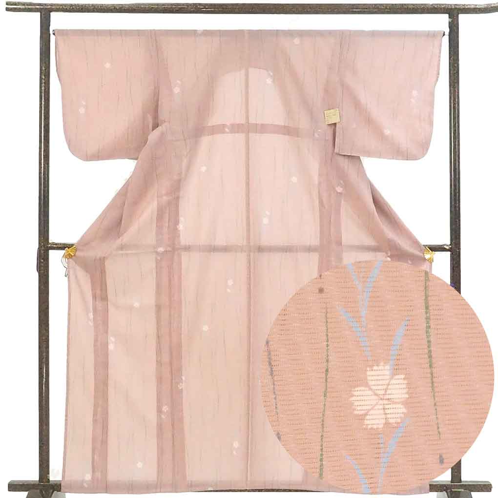 小紋 リサイクル着物 身丈162cm 裄66cm 前幅24cm 後幅28cm 袖丈48cm 袖幅34cm レディース なでしこ 裄長 裄M-Lサイズ 夏用 ポリエステル ピンク やや難 リメイク リユース【ランクB】