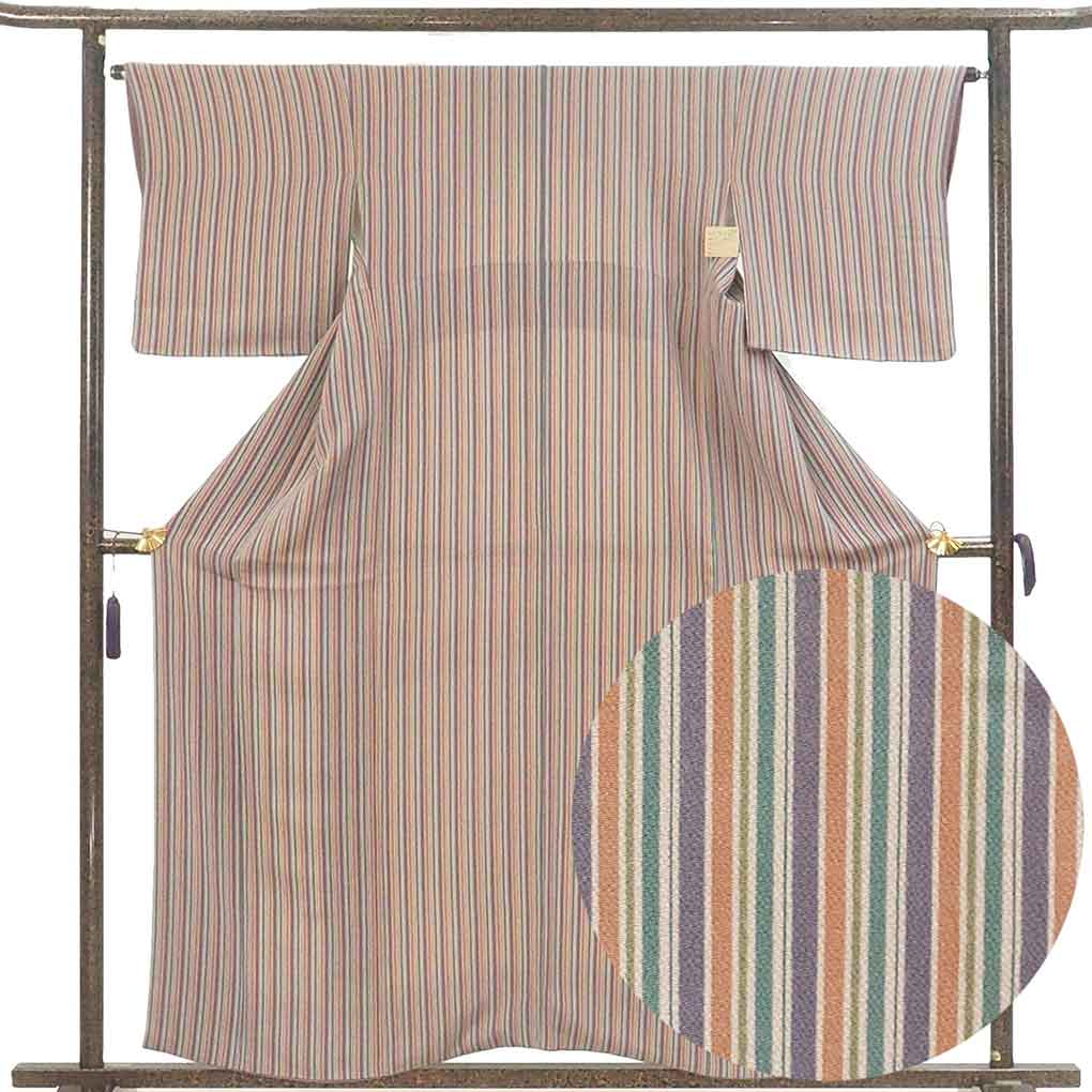 小紋 リサイクル着物 身丈159cm 裄64cm 前幅22cm 後幅28cm 袖丈47cm 袖幅33cm レディース 袷 縞 裄Mサイズ 秋冬春用 正絹（シルク）パープル 美品 リメイク リユース【ランクA】