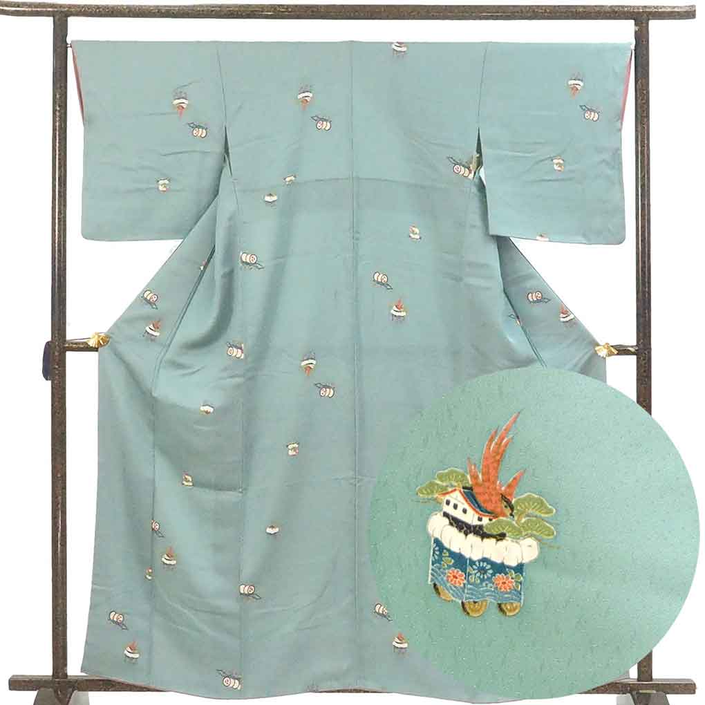 【未使用　トールサイズ】訪問着　絽　友禅　銀彩　里山　裄丈70.5 身丈168 未使用【夏】型染め友禅 柳蘭 絽 訪問着 トールサイズ 正絹 白緑