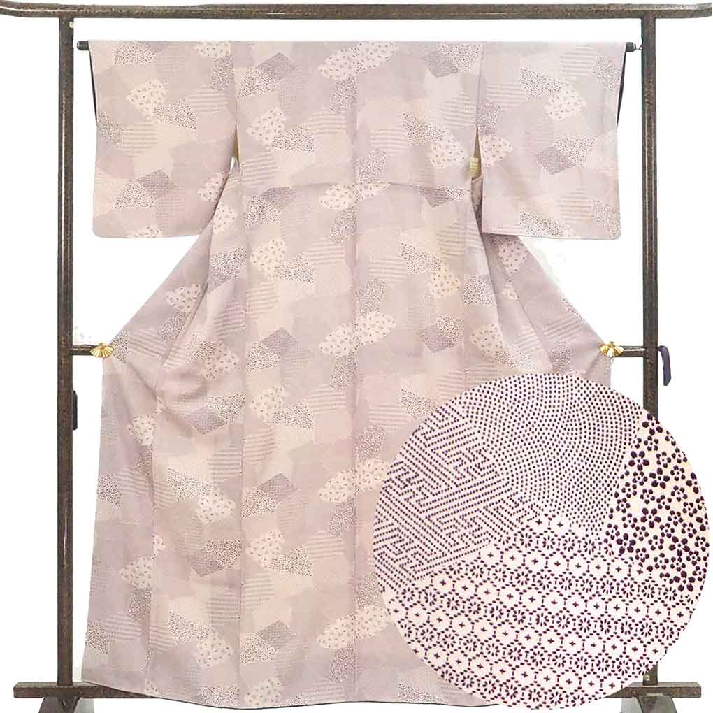 小紋 リサイクル着物 身丈162cm 裄64cm 前幅23cm 後幅28cm 袖丈49cm 袖幅33.5cm レディース 袷 江戸小紋 裄Mサイズ 秋冬春用 正絹（シルク）ホワイト やや難 リメイク リユース【ランクB】