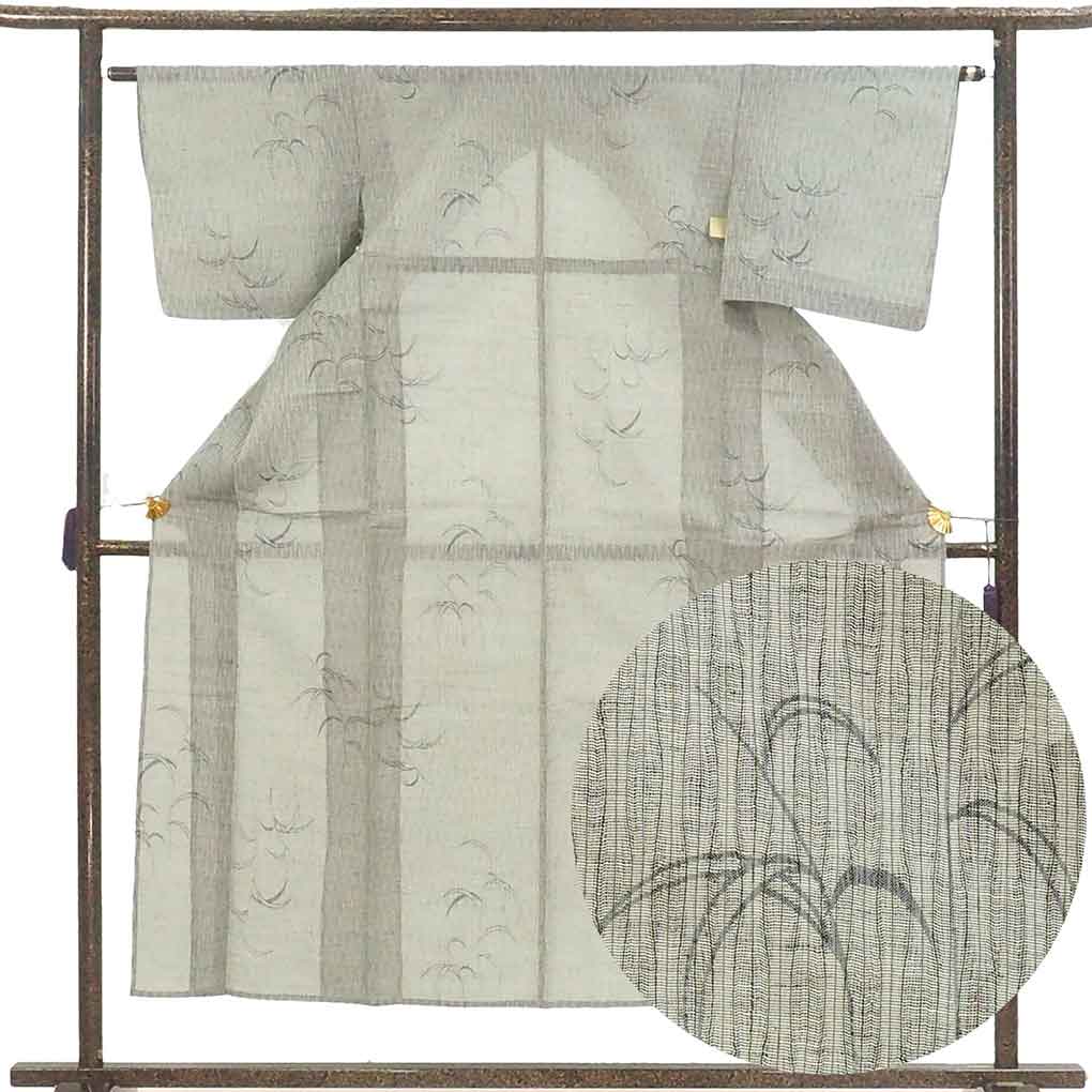 小紋 リサイクル着物 身丈152cm 裄62cm 前幅23cm 後幅29cm 袖丈44cm 袖幅32cm レディース 植物 裄Sサイズ 夏用 ポリエステル グレー やや難 リメイク リユース【ランクB】
