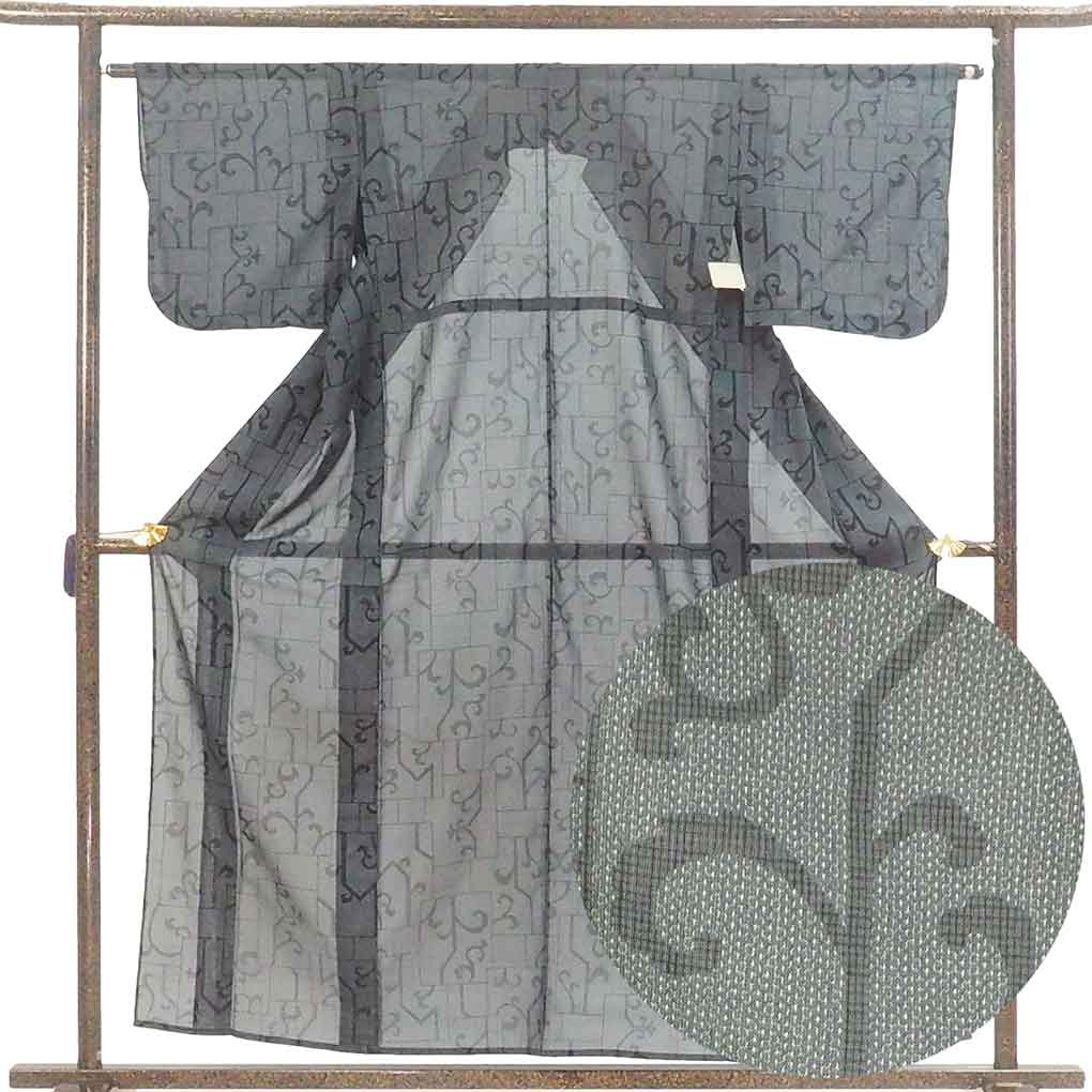 小紋 リサイクル着物 身丈158cm 裄64cm 前幅23cm 後幅29.5cm 袖丈44cm 袖幅33cm レディース 蔦柄 裄Mサイズ 夏用 ポリエステル ブラック 美品 リメイク リユース【ランクA】