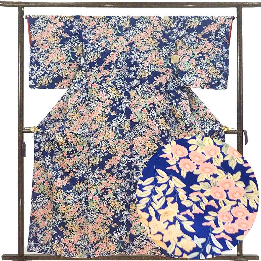 小紋 リサイクル着物 身丈158cm 裄66cm 前幅24cm 後幅29cm 袖丈49cm 袖幅34cm レディース 袷 花柄 裄長 裄M-Lサイズ 秋冬春用 正絹（シルク）ネイビー 未使用品 リメイク リユース【ランクS】