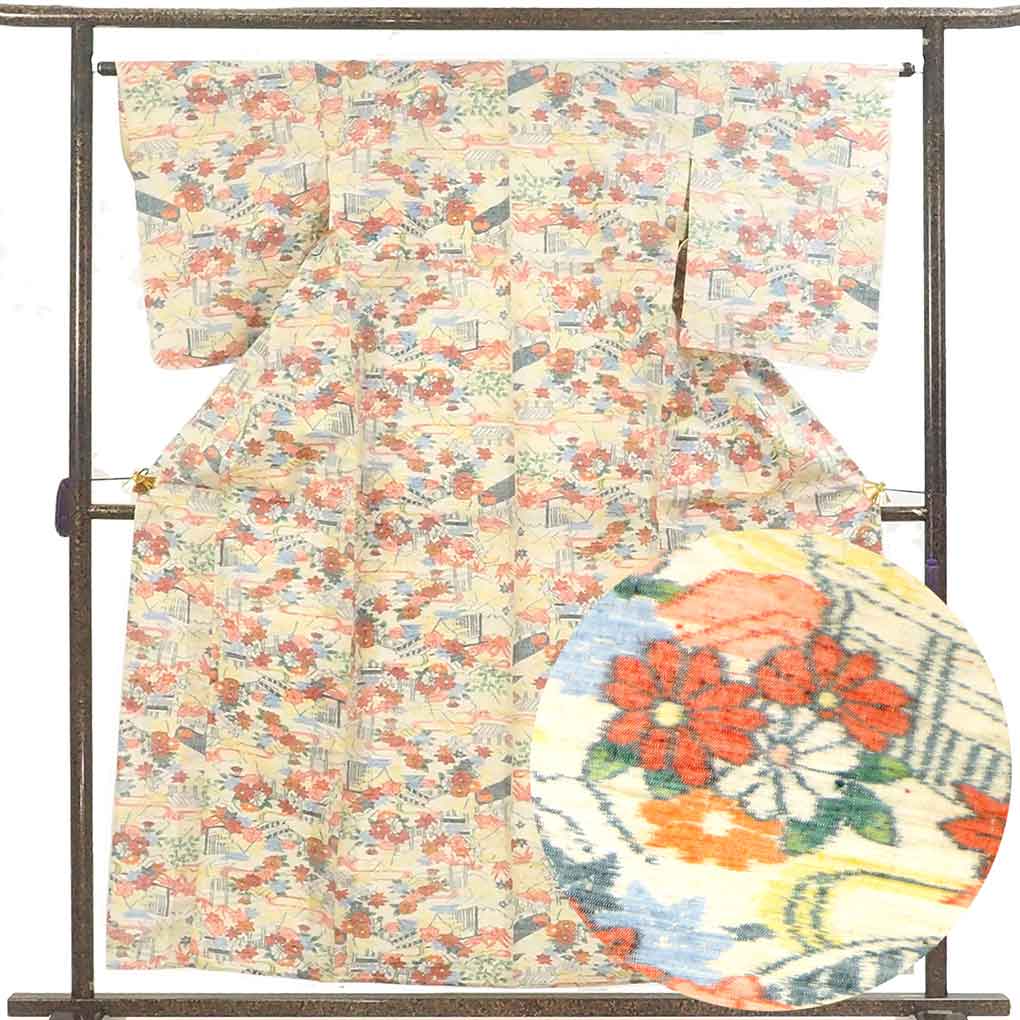 紬 リサイクル着物 身丈159cm 裄64cm 前幅24.5cm 後幅29.5cm 袖丈53cm 袖幅32cm レディース 単衣 花柄 裄Mサイズ 初夏・初秋用 正絹（シルク）ホワイト 美品 リメイク リユース【ランクA】