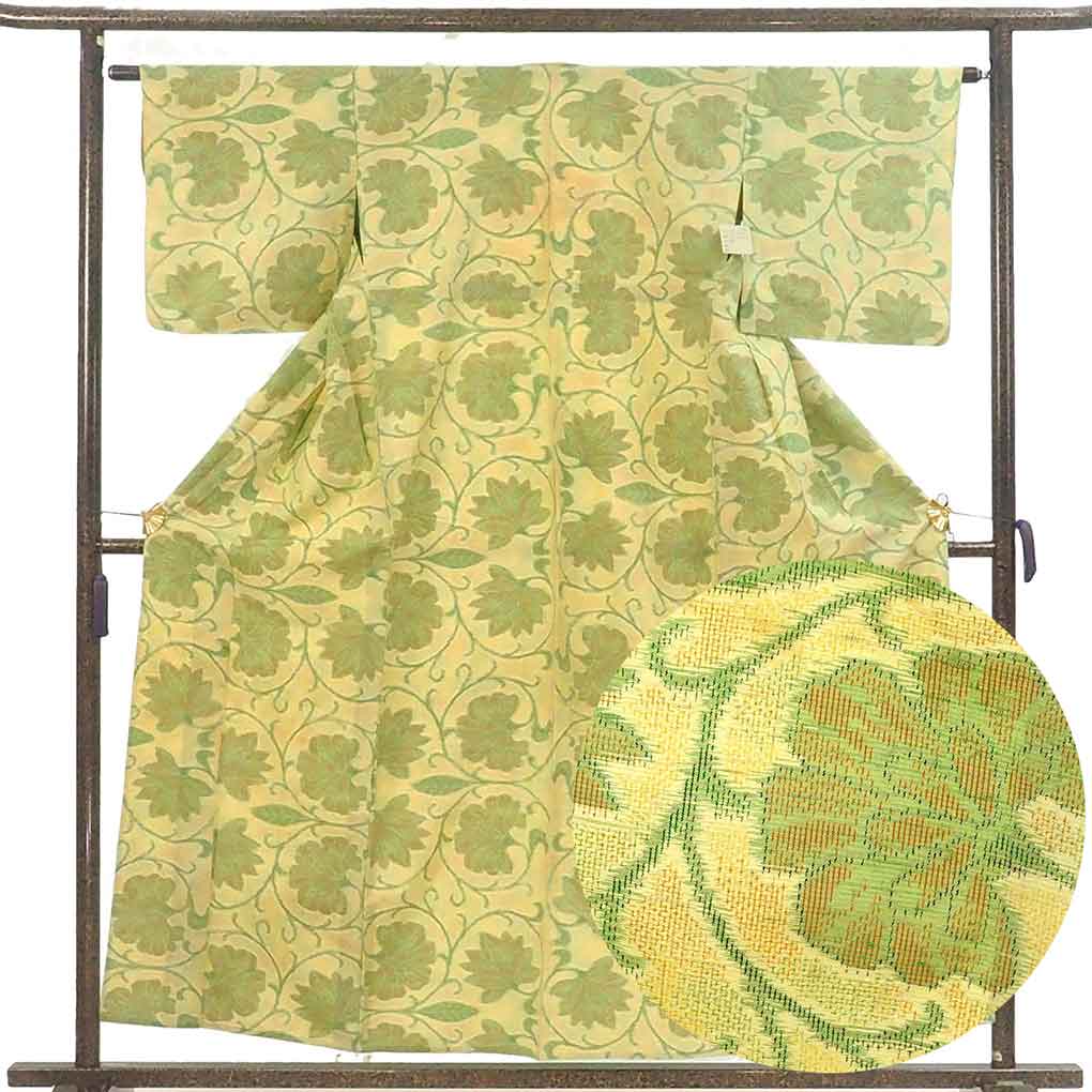 紬 リサイクル着物 身丈156cm 裄63cm 前幅25cm 後幅30.5cm 袖丈44cm 袖幅32cm レディース 単衣 花柄 裄Mサイズ 初夏・初秋用 正絹（シルク）イエロー 美品 リメイク リユース【ランクA】