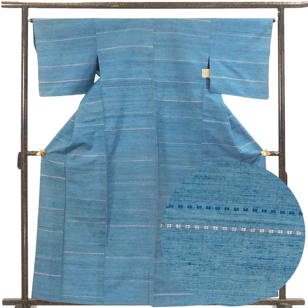 紬 リサイクル着物 身丈163cm 裄65cm 前幅24cm 後幅31cm 袖丈46cm 袖幅33cm レディース 単衣 横段柄 裄Mサイズ 初夏・初秋用 正絹（シルク）ブルー 難有り リメイク リユース【ランクC】
