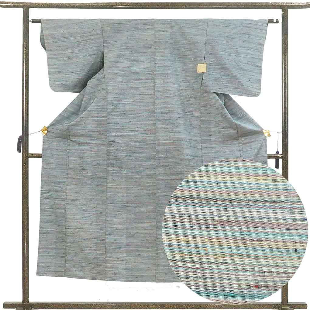 紬 リサイクル着物 身丈150cm 裄61cm 前幅23cm 後幅28cm 袖丈45cm 袖幅31cm レディース 単衣 無地 裄Sサイズ 初夏・初秋用 正絹（シルク）グレー 美品 リメイク リユース【ランクA】
