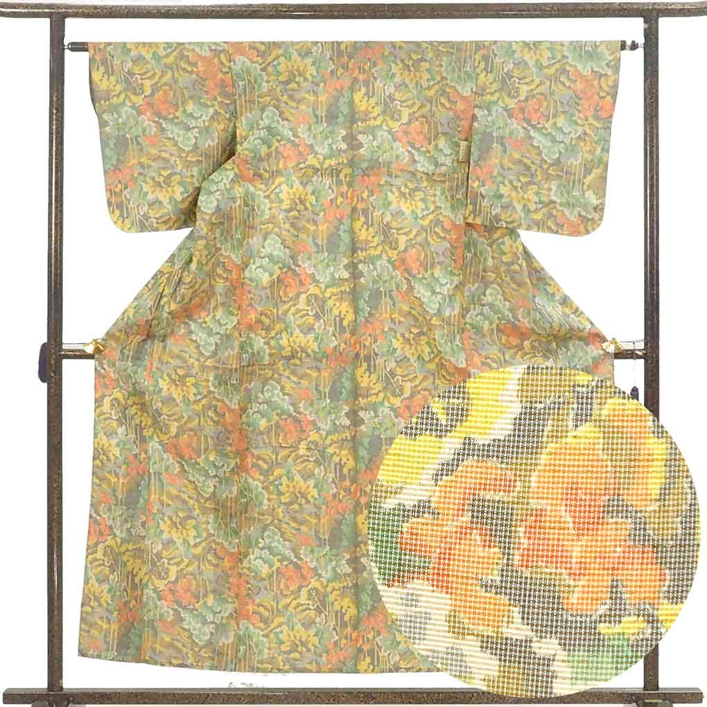 紬 リサイクル着物 身丈158cm 裄63cm 前幅23cm 後幅29cm 袖丈49cm 袖幅32.5cm レディース 単衣 連続模様 裄Mサイズ 初夏・初秋用 正絹（シルク）イエロー 美品 リメイク リユース【ランクA】