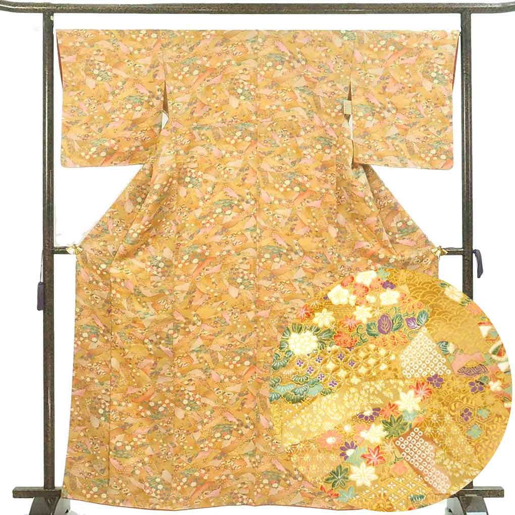 小紋 リサイクル着物 身丈165cm 裄67cm 前幅22.5cm 後幅28cm 袖丈48cm 袖幅34cm レディース 袷 花柄 裄長 裄Lサイズ 秋冬春用 正絹（シルク）ブラウン トールサイズ 美品 リメイク リユース【ランクA】