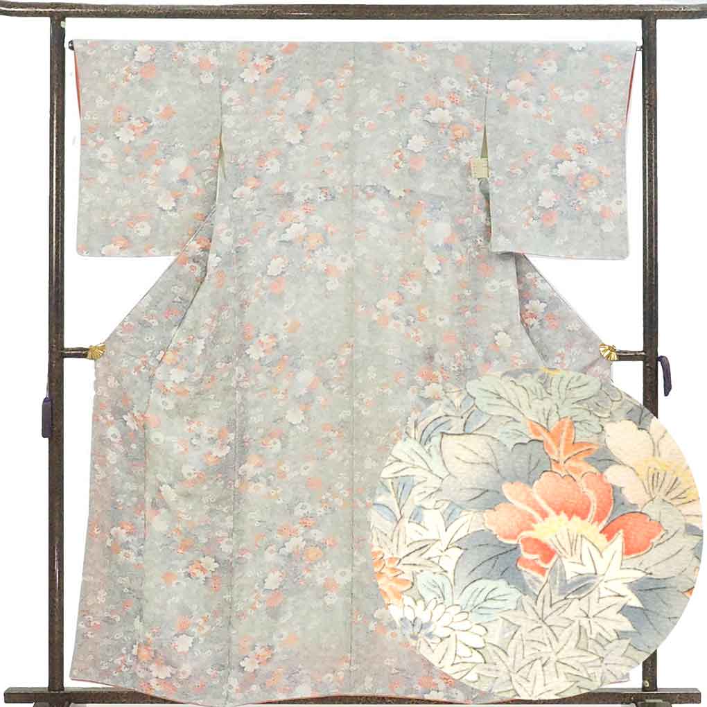 小紋 リサイクル着物 身丈160cm 裄66cm 前幅22.5cm 後幅30cm 袖丈52cm 袖幅33cm レディース 袷 花柄 裄長 裄M-Lサイズ 秋冬春用 正絹（シルク）グレー 美品 リメイク リユース【ランクA】