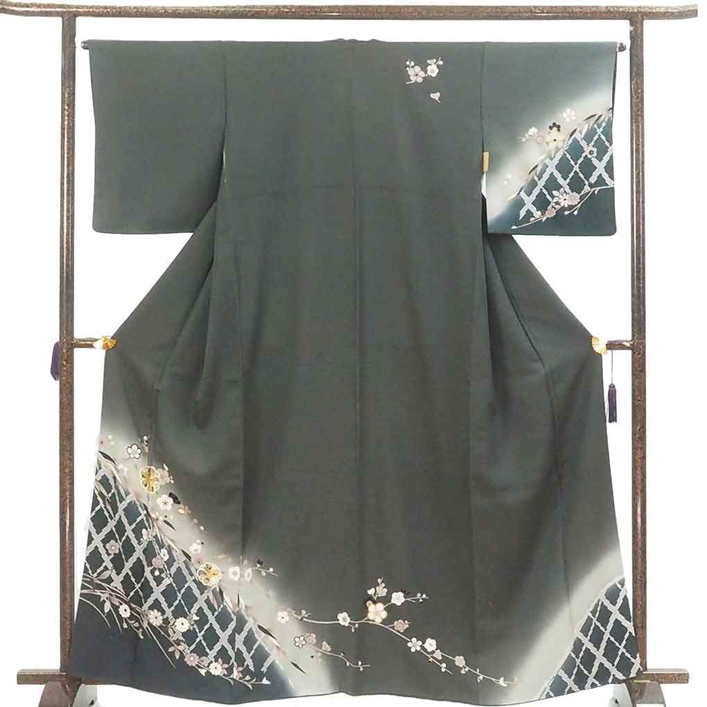 訪問着 リサイクル着物 身丈164cm 裄65cm 前幅26cm 後幅32cm 袖丈49cm 袖幅32cm レディース 袷 梅柄 裄Mサイズ 秋冬春用 正絹（シルク）グリーン トールサイズ やや難 リメイク リユース【ランクB】