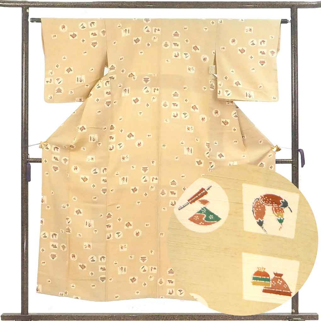 紬 リサイクル着物 身丈152cm 裄62cm 前幅21.5cm 後幅27.5cm 袖丈46cm 袖幅32cm レディース 袷 民芸調 裄Sサイズ 秋冬春用 正絹（シルク）ブラウン 美品 リメイク リユース【ランクA】