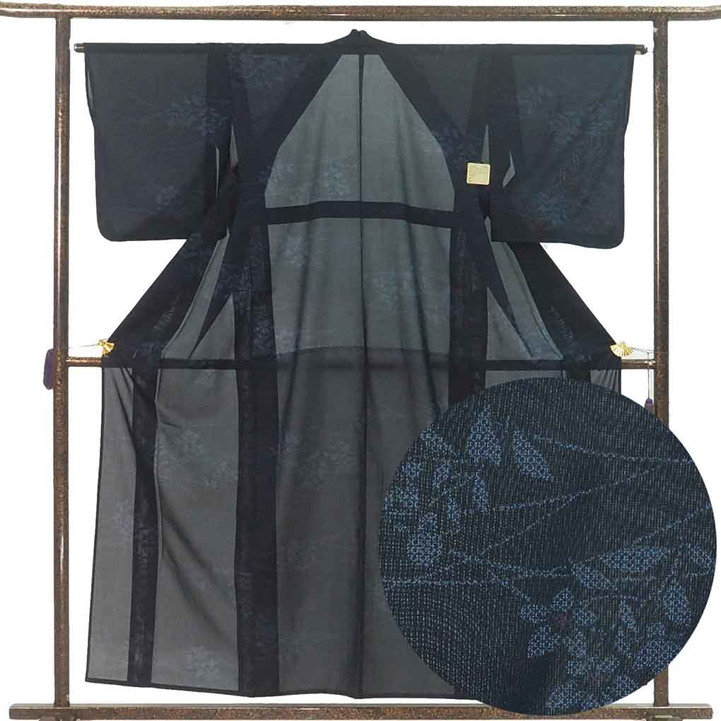 小紋 リサイクル着物 身丈157cm 裄63cm 前幅25cm 後幅30cm 袖丈49cm 袖幅32cm レディース 花柄 裄Mサイズ 夏用 ポリエステル ネイビー やや難 リメイク リユース【ランクB】