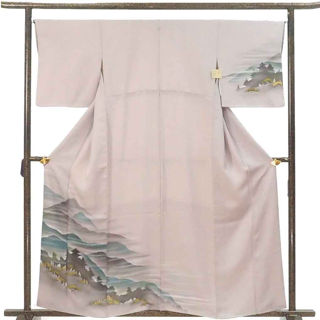 訪問着 リサイクル着物 身丈159cm 裄66cm 前幅23cm 後幅30cm 袖丈48cm 袖幅48cm レディース 袷 風景画 裄長 裄M-Lサイズ 秋冬春用 正絹（シルク）パープル 美品 リメイク リユース【ランクA】