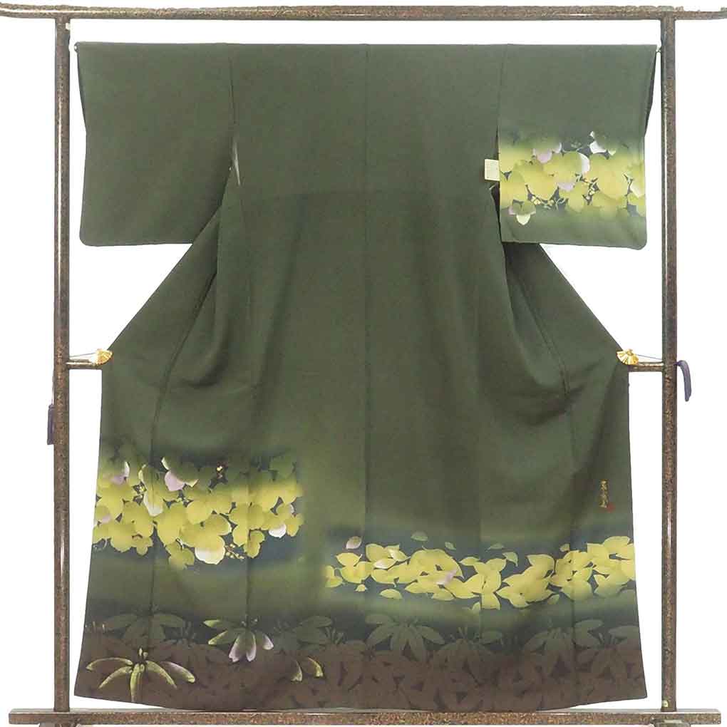 訪問着 リサイクル着物 身丈159cm 裄66cm 前幅23cm 後幅29.5cm 袖丈48cm 袖幅34cm レディース 袷 葡萄 裄長 裄M-Lサイズ 秋冬春用 正絹（シルク）グリーン 美品 夢風美 リメイク リユース【ランクA】