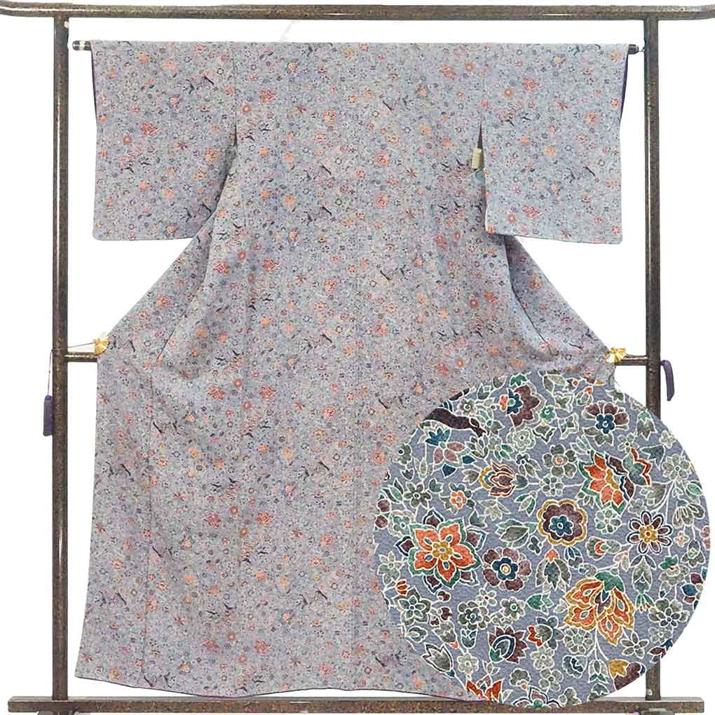 小紋 リサイクル着物 身丈159cm 裄64cm 前幅23cm 後幅30cm 袖丈49cm レディース 袷 花柄 裄Mサイズ 秋冬春用 正絹（シルク）黄色地 美品 中古小紋 リサイクル着物 身丈159cm 裄64cm 前幅23cm 後幅28cm 袖丈47cm