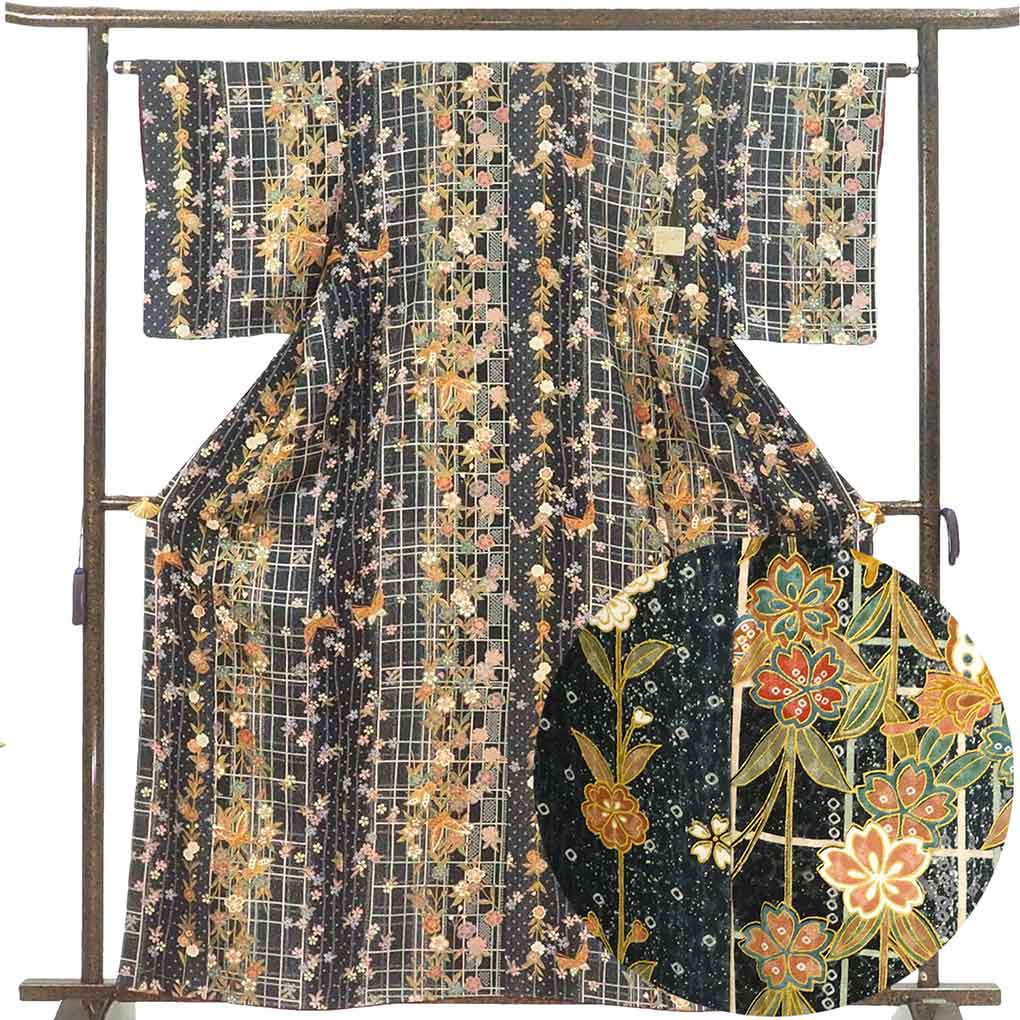 小紋 リサイクル着物 身丈163cm 裄63cm 前幅22.5cm 後幅28cm 袖丈49cm 袖幅33cm レディース 袷 花柄 裄Mサイズ 秋冬春用 正絹（シルク）ネイビー 未使用品 リメイク リユース【ランクS】