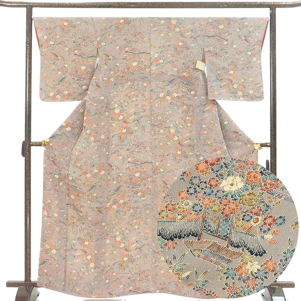 小紋 リサイクル着物 身丈165cm 裄67cm 前幅24.5cm 後幅29cm 袖丈51cm 袖幅34cm レディース 袷 四季の花柄 裄長 裄Lサイズ 秋冬春用 正絹（シルク）グレー トールサイズ 美品 リメイク リユース【ランクA】
