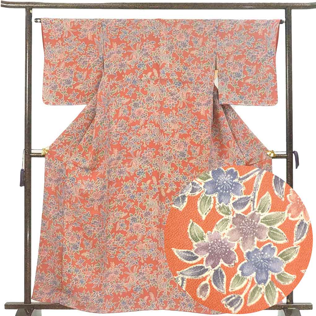 小紋 リサイクル着物 身丈162cm 裄64cm 前幅24.5cm 後幅30cm 袖丈48cm 袖幅32cm レディース 袷 花柄 裄Mサイズ 秋冬春用 正絹（シルク）ピンク 未使用品 リメイク リユース【ランクS】