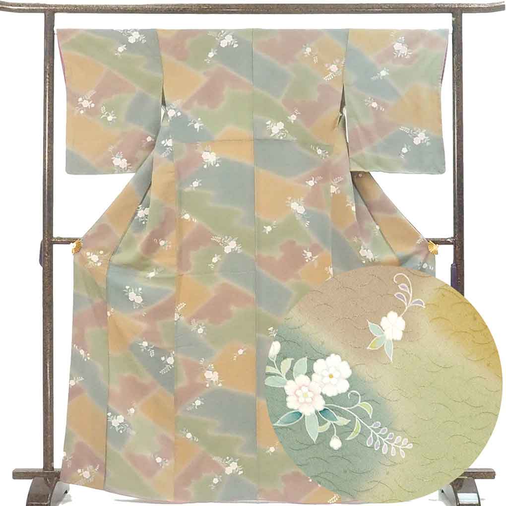 小紋 リサイクル着物 身丈167cm 裄67cm 前幅23.5cm 後幅29cm 袖丈52cm 袖幅34cm レディース 袷 ぼかし 裄長 裄Lサイズ 秋冬春用 正絹（シルク）グリーン トールサイズ 美品 リメイク リユース【ランクA】