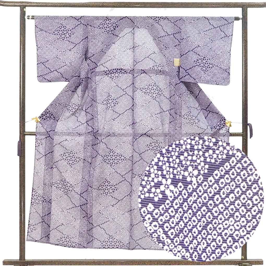 小紋 リサイクル着物 身丈152cm 裄63cm 前幅25cm 後幅30cm 袖丈45cm 袖幅32cm レディース 鹿の子 裄Mサイズ 夏用 ポリエステル パープル 美品 リメイク リユース【ランクA】