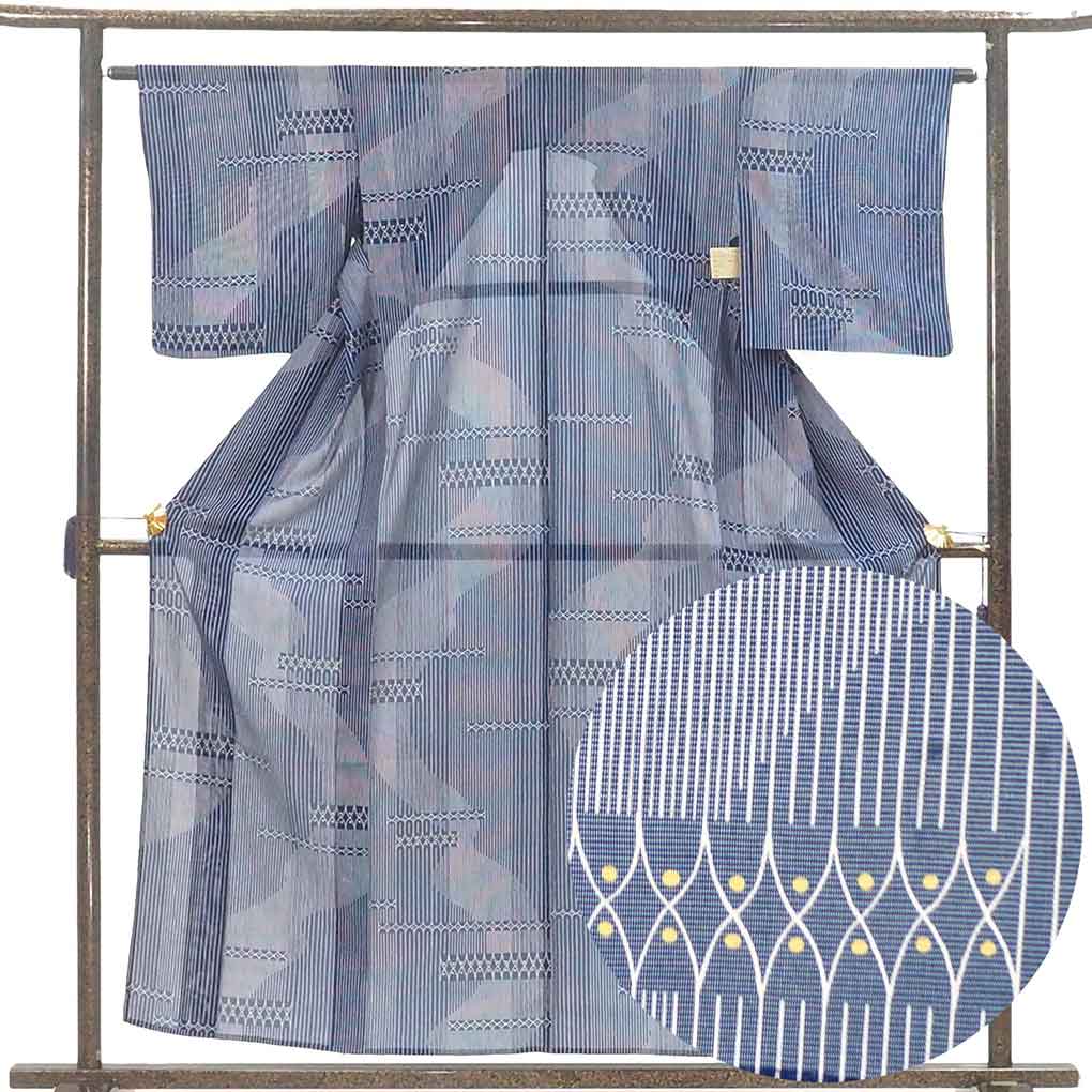 小紋 リサイクル着物 身丈158cm 裄63cm 前幅23cm 後幅29cm 袖丈48cm 袖幅32cm レディース 連続模様 裄Mサイズ 夏用 ポリエステル ネイビー 美品 リメイク リユース【ランクA】