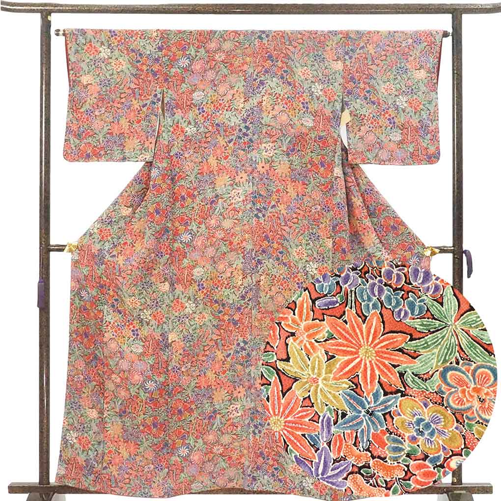 小紋 リサイクル着物 身丈161cm 裄64cm 前幅23.5cm 後幅30cm 袖丈46cm 袖幅32cm レディース 袷 花柄 裄Mサイズ 秋冬春用 正絹（シルク）ピンク 美品 リメイク リユース【ランクA】