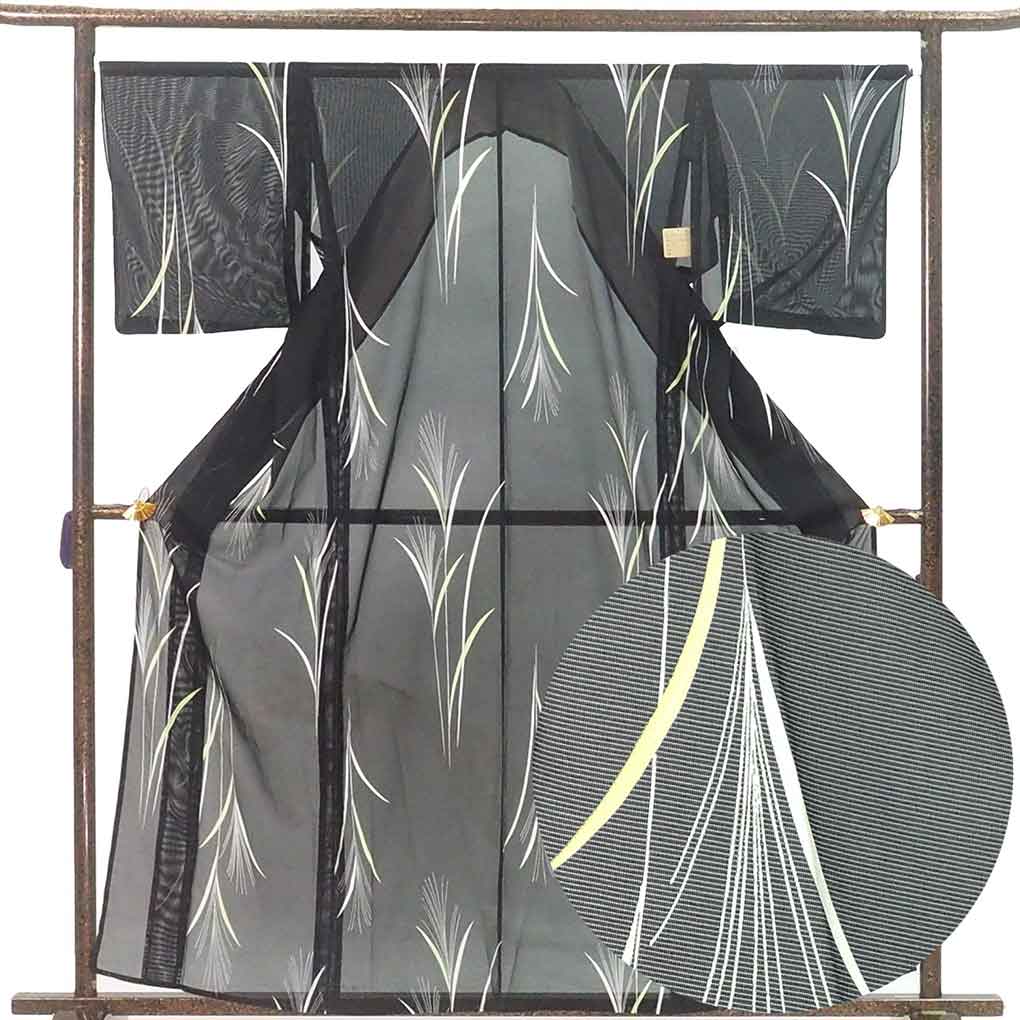 小紋 リサイクル着物 身丈162cm 裄67cm 前幅25cm 後幅31cm 袖丈47cm 袖幅34cm レディース 植物 裄長 裄Lサイズ 夏用 ポリエステル ブラック 美品 リメイク リユース【ランクA】