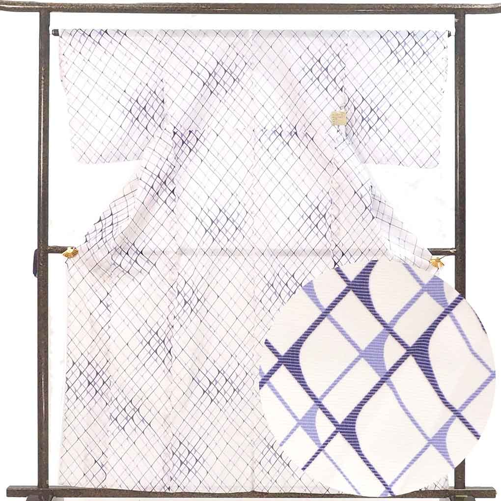 小紋 リサイクル着物 身丈160cm 裄65cm 前幅22.5cm 後幅30cm 袖丈49cm 袖幅33cm レディース 抽象柄 裄Mサイズ 夏用 ポリエステル ホワイト 美品 リメイク リユース【ランクA】