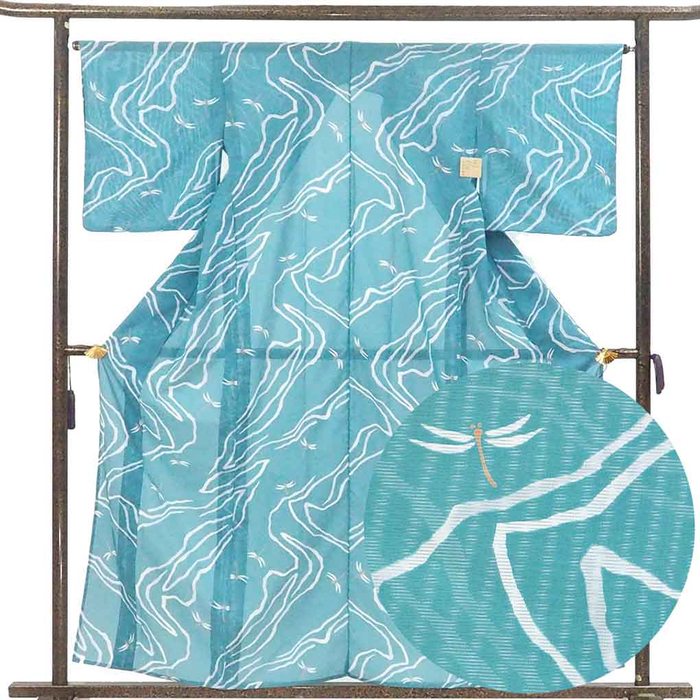 小紋 リサイクル着物 身丈159cm 裄66cm 前幅23.5cm 後幅30cm 袖丈48cm 袖幅33.5cm レディース トンボ 裄長 裄M-Lサイズ 夏用 ポリエステル グリーン 美品 リメイク リユース【ランクA】