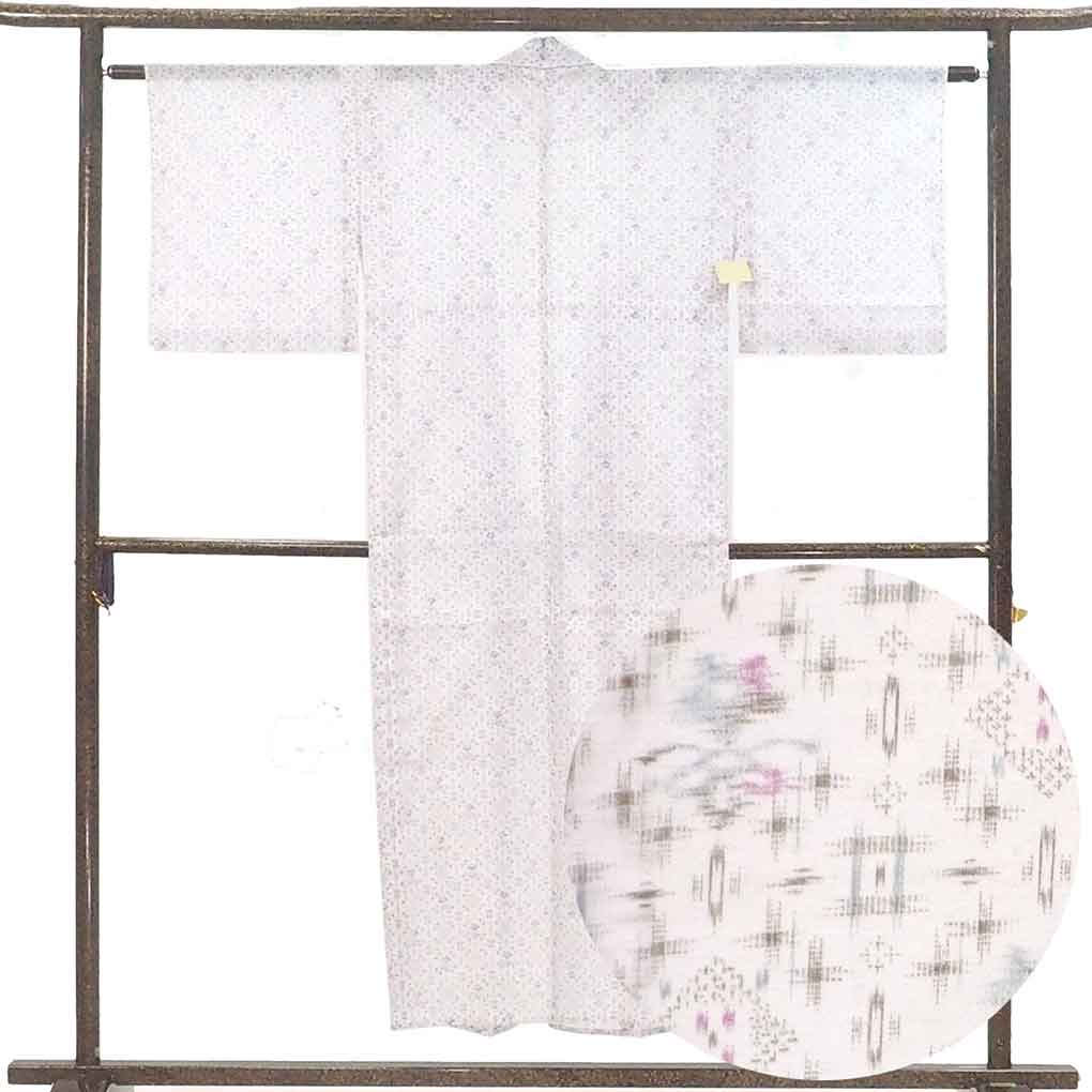 小紋 リサイクル着物 身丈147cm 裄62cm 前幅25cm 後幅28cm 袖丈45cm 袖幅32cm レディース 絣模様 裄Sサイズ 夏用 ポリエステル ホワイト やや難 リメイク リユース【ランクB】