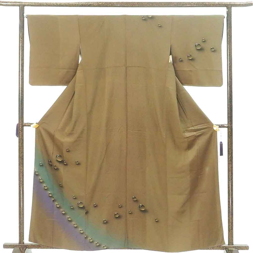 付下 リサイクル着物 身丈162cm 裄66cm 前幅23.5cm 後幅29cm 袖丈49cm 袖幅34cm レディース 袷 水玉 裄長 裄M-Lサイズ 秋冬春用 正絹（シルク）ブラウン やや難 リメイク リユース【ランクB】