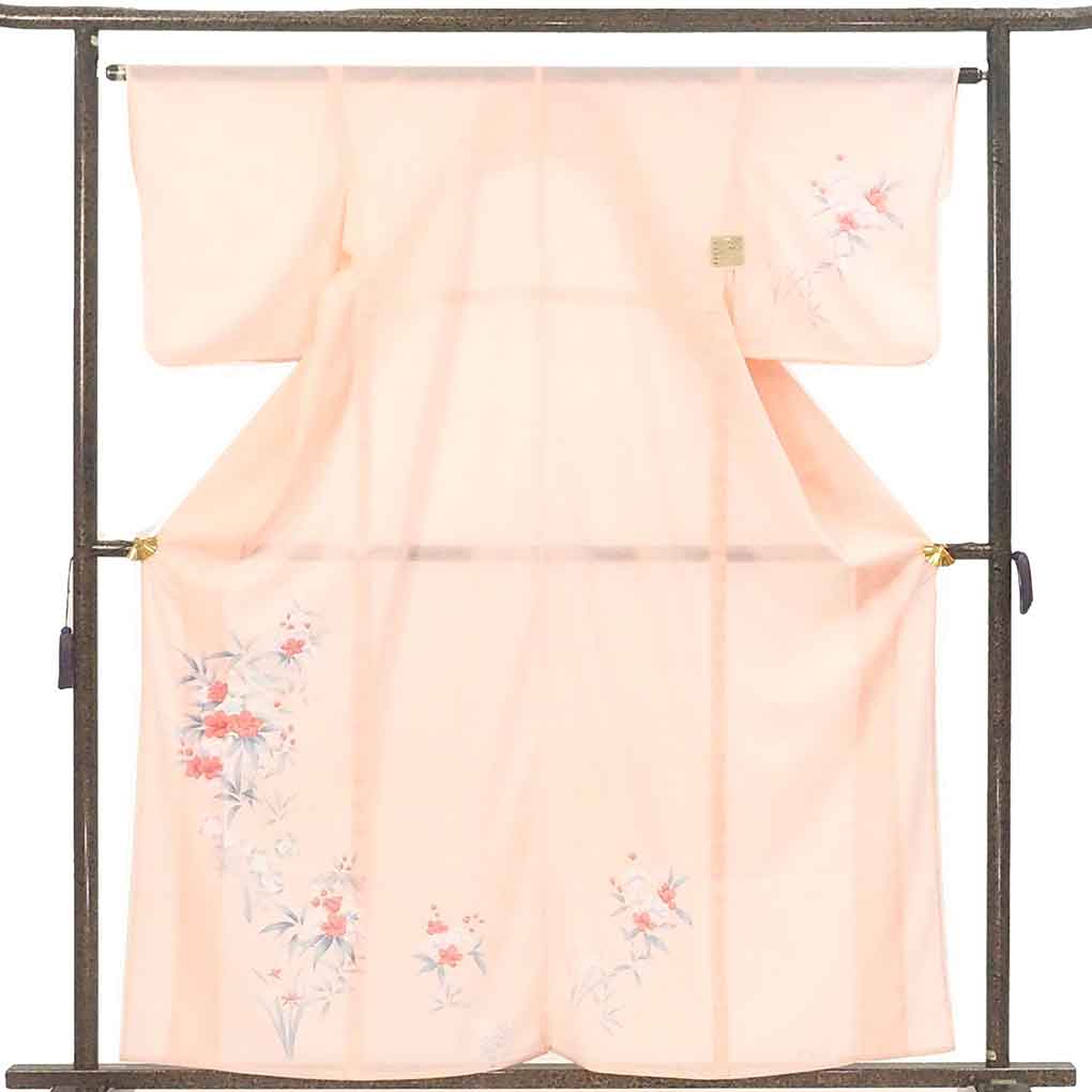 訪問着 リサイクル着物 身丈161cm 裄64cm 前幅23cm 後幅30.5cm 袖丈49cm 袖幅32cm レディース 花柄 裄Mサイズ 夏用 ポリエステル ピンク やや難 リメイク リユース【ランクB】