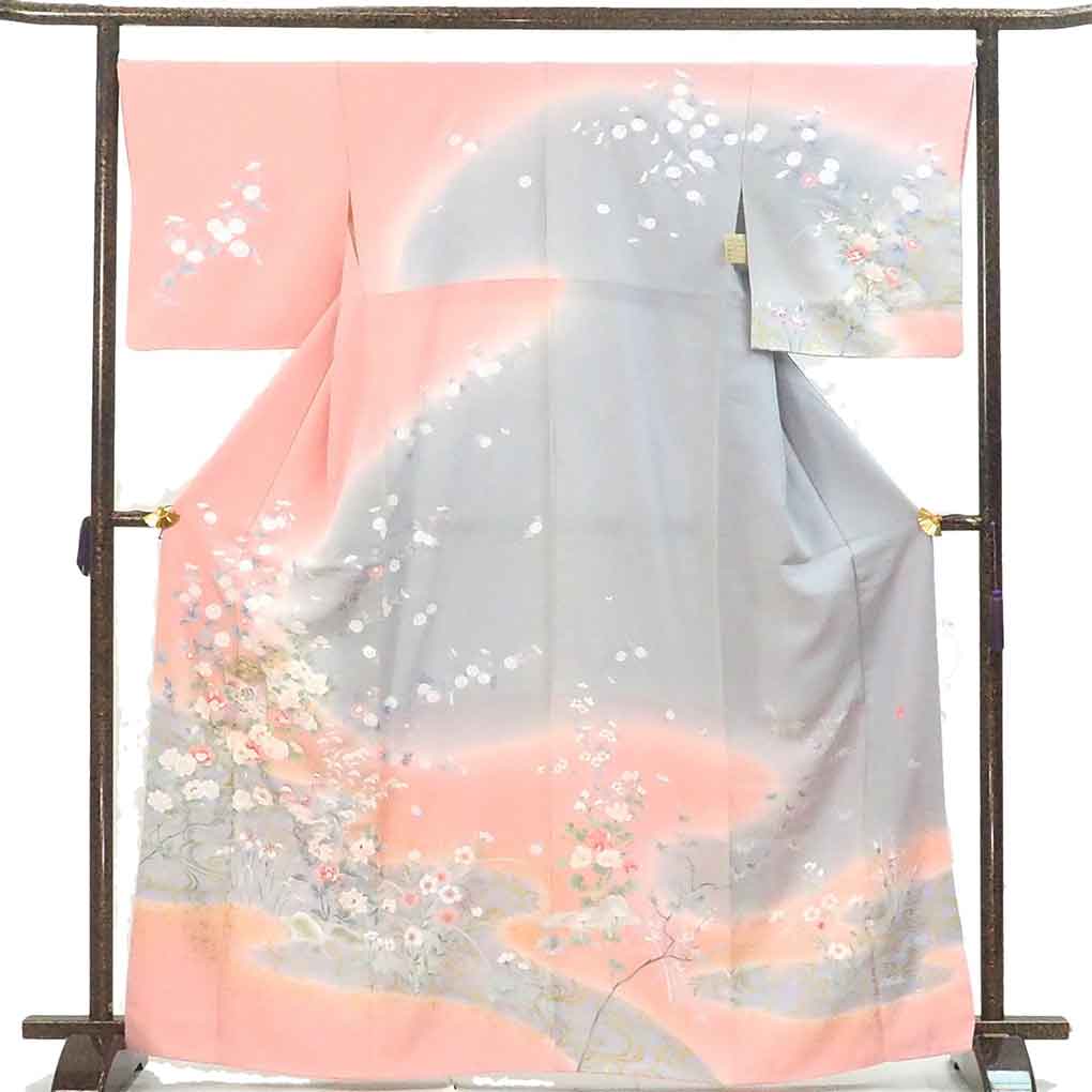 訪問着 リサイクル着物 身丈167cm 裄68cm 前幅24.5cm 後幅30cm 袖丈49cm 袖幅34cm レディース 袷 花柄 裄長 裄Lサイズ 秋冬春用 正絹（シルク）ピンク トールサイズ 美品 リメイク リユース【ランクA】