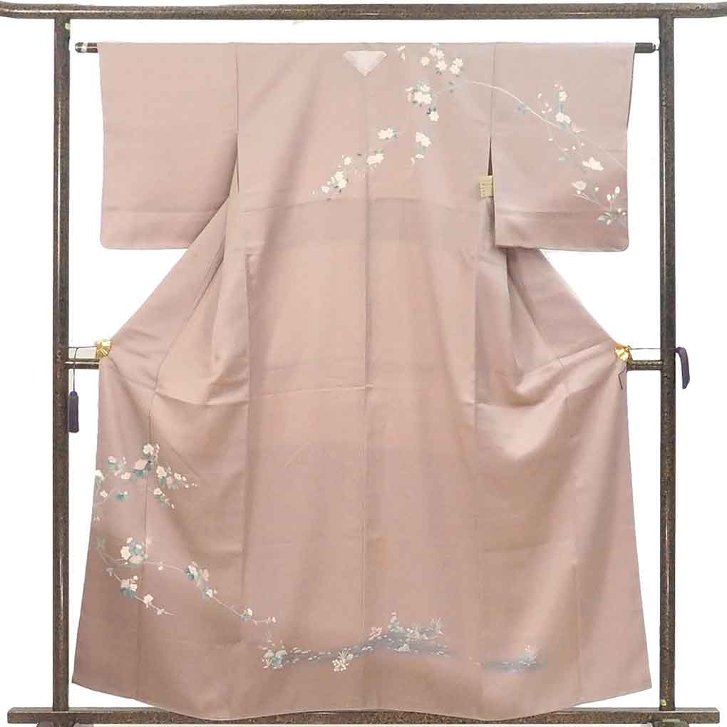 訪問着 リサイクル着物 身丈158cm 裄62cm 前幅24.5cm 後幅30cm 袖丈49cm 袖幅31.5cm レディース 袷 花柄 裄Sサイズ 秋冬春用 正絹（シルク）ピンク 難有り リメイク リユース【ランクC】