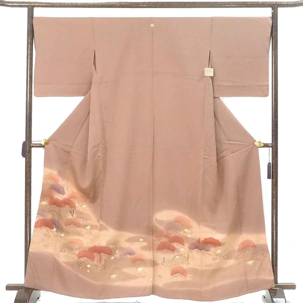 色留袖 リサイクル着物 身丈165cm 裄69cm 前幅28cm 後幅32cm 袖丈47cm 袖幅34cm レディース 袷 松 裄長 裄L-LLサイズ 秋冬春用 正絹（シルク）ブラウン トールサイズ 美品 リメイク リユース【ランクA】