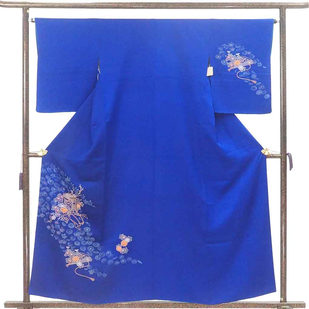 訪問着 リサイクル着物 身丈158cm 裄65cm 前幅24cm 後幅29cm 袖丈52cm 袖幅33cm レディース 袷 相良刺繍 裄Mサイズ 秋冬春用 正絹（シルク）ネイビー やや難 リメイク リユース【ランクB】
