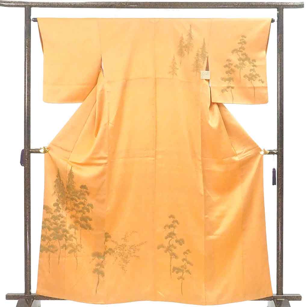 訪問着 リサイクル着物 身丈163cm 裄64cm 前幅22.5cm 後幅28.5cm 袖丈49cm 袖幅32cm レディース 袷 木立 裄Mサイズ 秋冬春用 正絹（シルク）オレンジ 美品 リメイク リユース【ランクA】