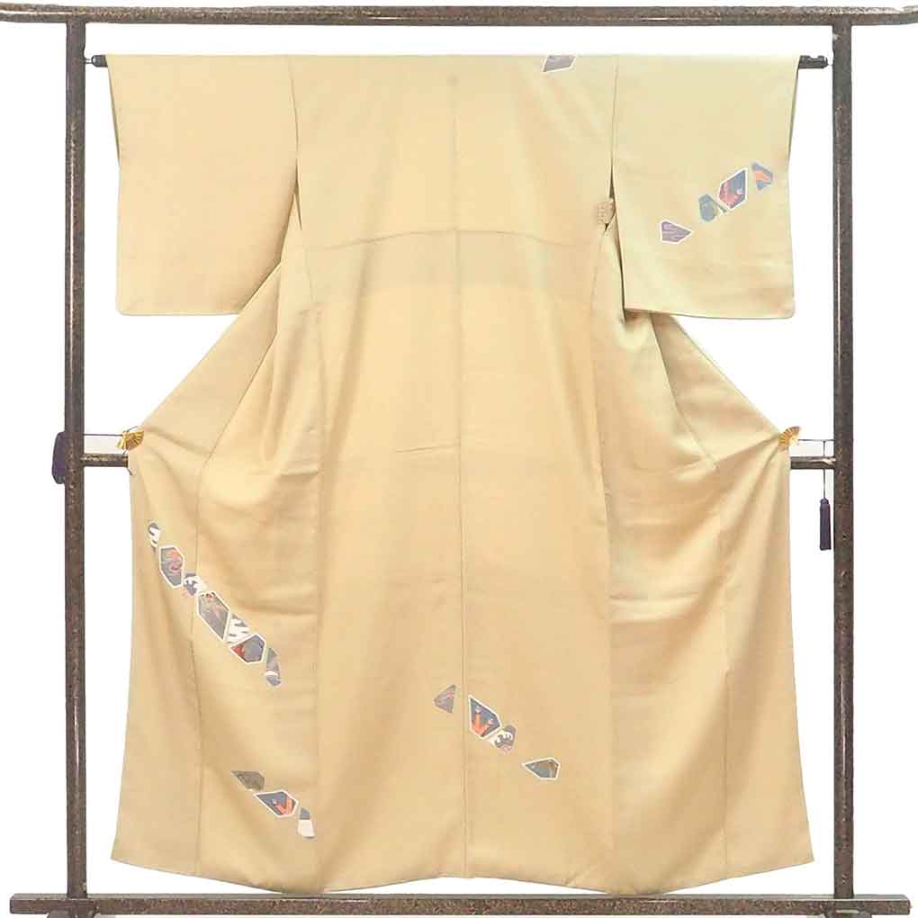 付下 リサイクル着物 身丈157cm 裄63cm 前幅22cm 後幅28.5cm 袖丈49cm 袖幅32cm レディース 袷 抽象柄 裄Mサイズ 秋冬春用 正絹（シルク）イエロー 美品 リメイク リユース【ランクA】