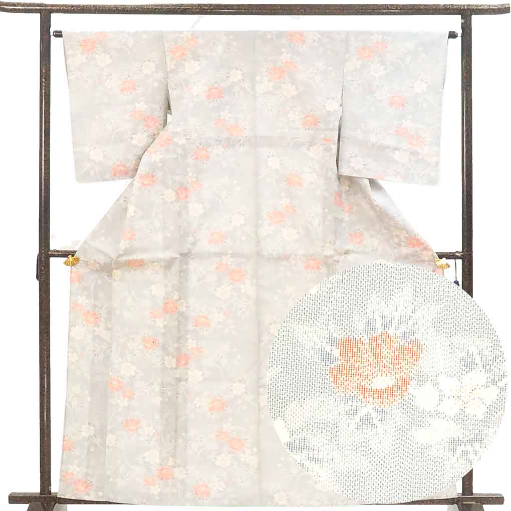 紬 リサイクル着物 身丈163cm 裄63cm 前幅23cm 後幅29cm 袖丈53cm 袖幅32cm レディース 単衣 花柄 裄Mサイズ 初夏・初秋用 正絹（シルク）ホワイト やや難 リメイク リユース【ランクB】