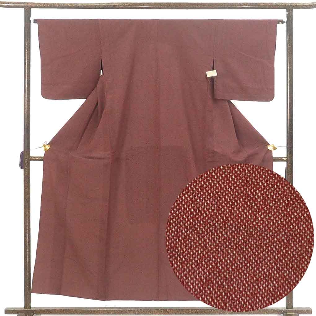 御召し リサイクル着物 身丈155cm 裄64cm 前幅25cm 後幅31cm 袖丈45cm 袖幅32cm レディース 単衣 絣模様 裄Mサイズ 初夏・初秋用 正絹（シルク）ブラウン 美品 リメイク リユース【ランクA】