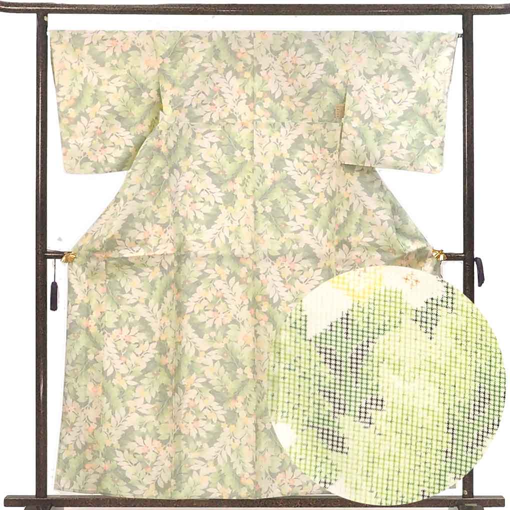 紬 リサイクル着物 身丈160cm 裄67cm 前幅24cm 後幅29.5cm 袖丈50.5cm 袖幅33cm レディース 単衣 花柄 裄長 裄Lサイズ 初夏・初秋用 正絹（シルク）ホワイト 美品 リメイク リユース【ランクA】