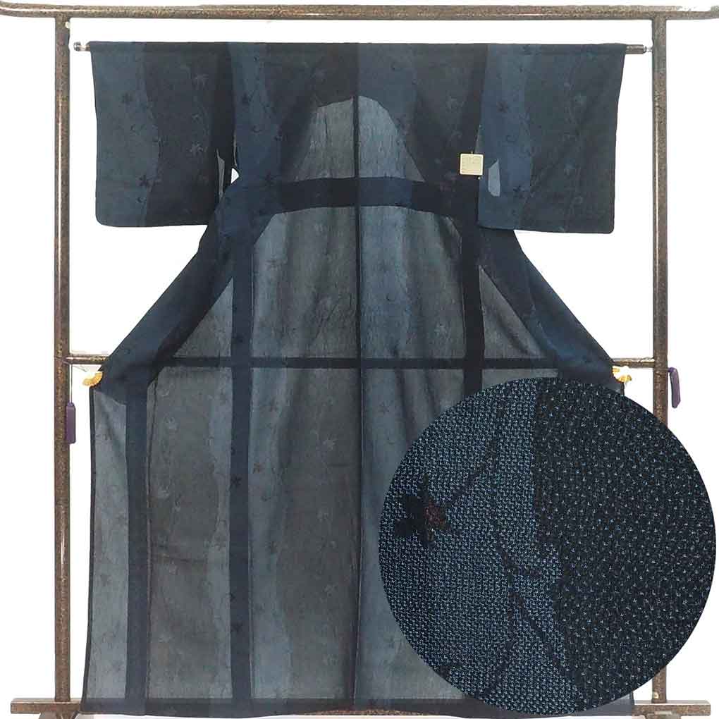 紬 リサイクル着物 身丈163cm 裄64cm 前幅25cm 後幅30cm 袖丈47cm 袖幅32cm レディース 花柄 裄Mサイズ 夏用 正絹（シルク）ネイビー やや難 リメイク リユース【ランクB】