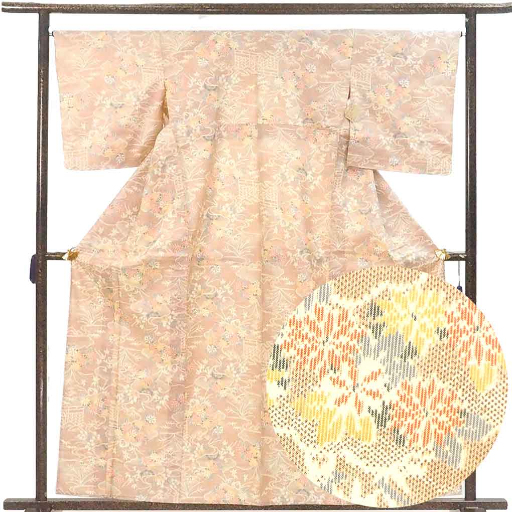 紬 リサイクル着物 身丈160cm 裄66cm 前幅25cm 後幅29cm 袖丈49cm 袖幅34cm レディース 単衣 花柄 裄長 裄M-Lサイズ 初夏・初秋用 正絹（シルク）ブラウン 美品 リメイク リユース【ランクA】